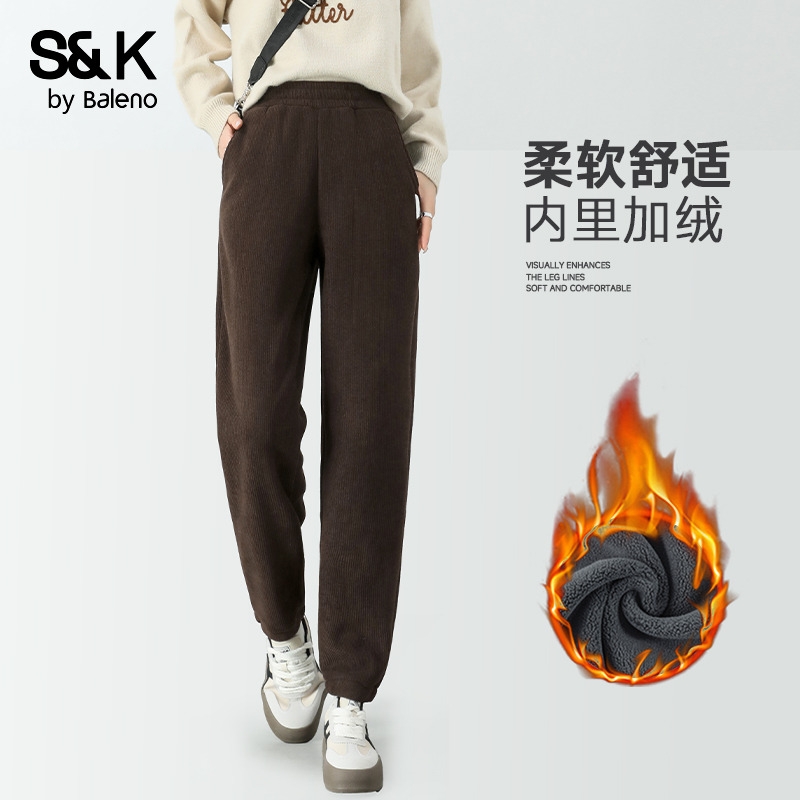 班尼路S&K系列咖色灯芯绒束脚裤女2025秋冬新款高腰显瘦百搭长裤N