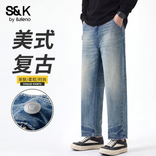 班尼路SK复古水洗直筒牛仔裤男秋