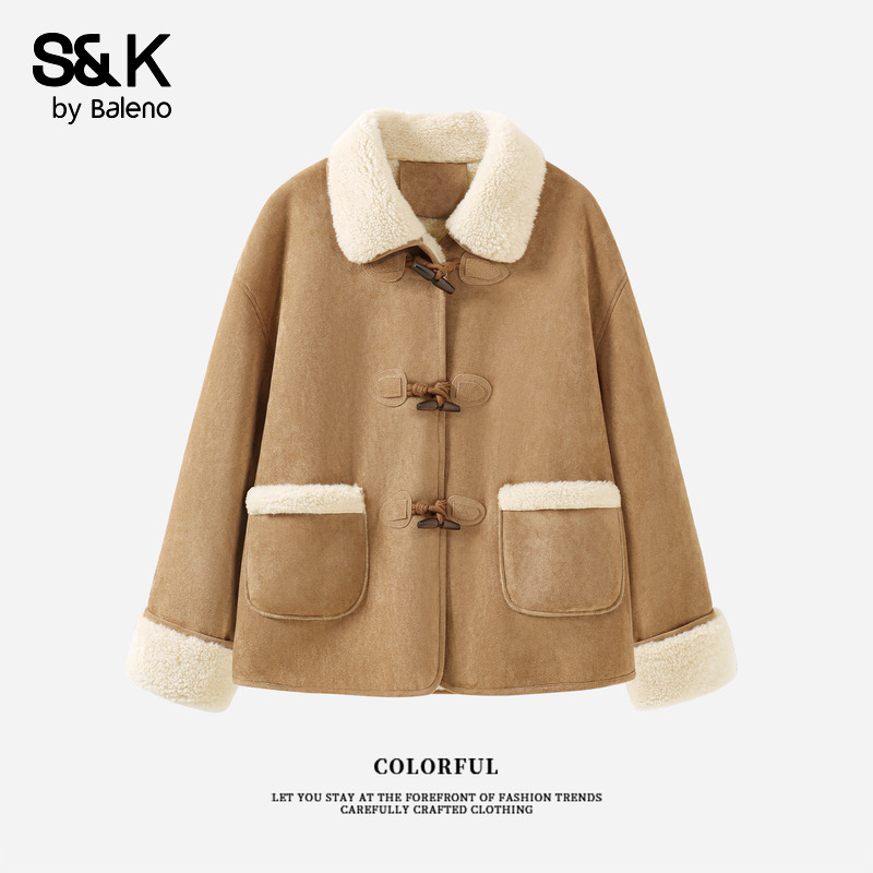 班尼路S&K系列麂皮羊羔绒外套女秋冬新款韩版小个子短款休闲棉衣Q