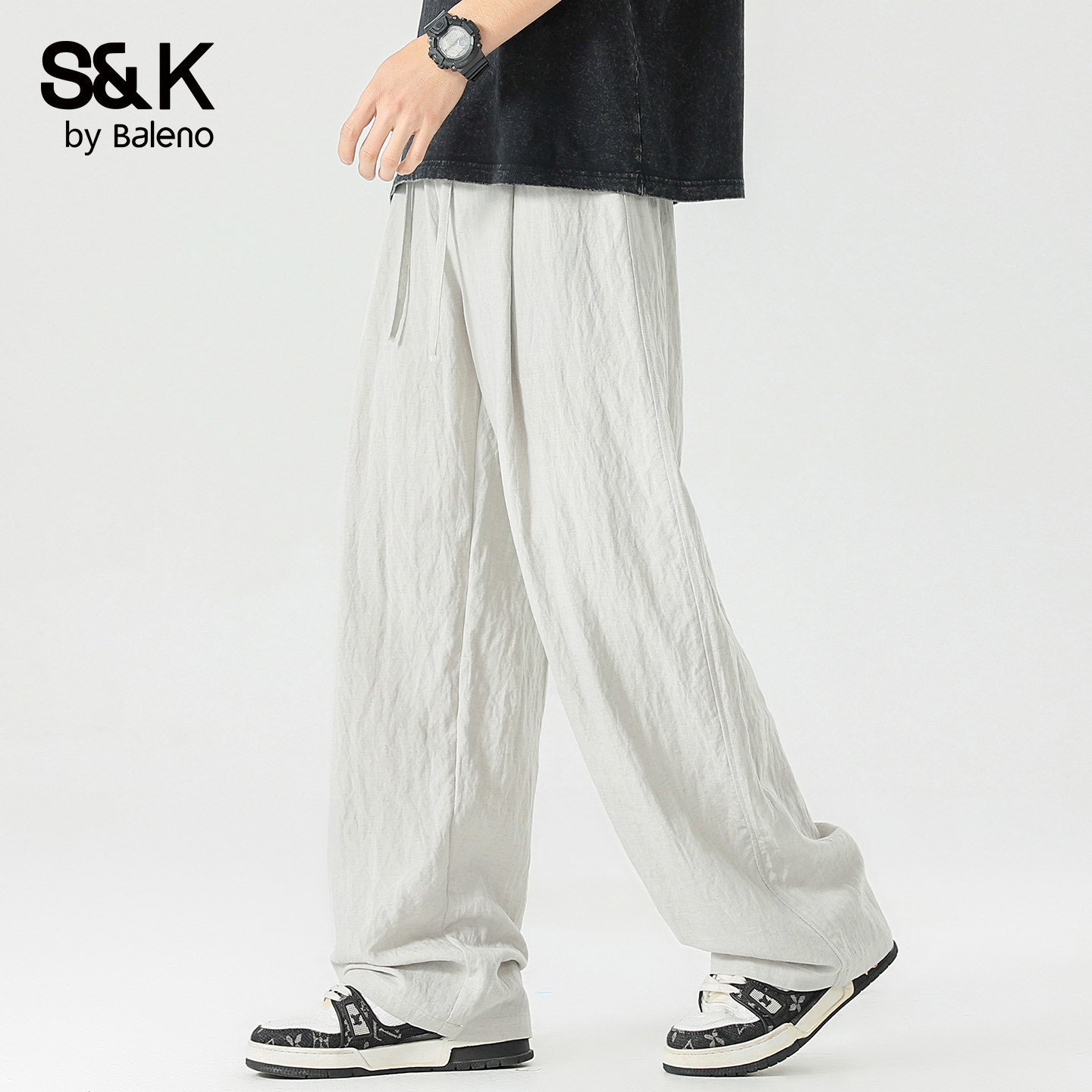 班尼路SK老钱风亚麻休闲裤男春季宽松直筒垂感长裤高级感阔腿裤YS