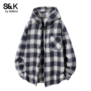 设计感连帽衬衣高街外套男MS 男秋冬新款 班尼路SK复古美式 格子衬衫