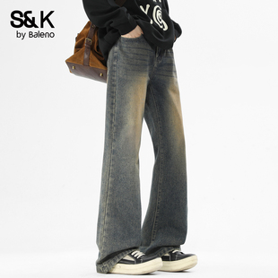 复古显瘦阔腿水洗高街长裤 男冬季 子YS 做旧微喇牛仔裤 班尼路SK美式