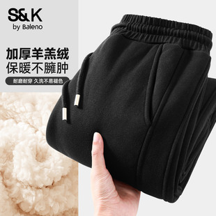 班尼路S&K系列黑色束脚卫裤女秋冬新款羊羔绒加厚保暖百搭运动裤Q