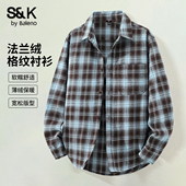 男秋季 新款 蓝色格子衫 班尼路S&K系列法兰绒衬衫 男款 复古衬衣潮LF