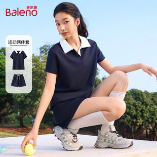 女款 T恤高腰短裤 夏季 短袖 一整套Q 新款 班尼路藏青色POLO领运动套装