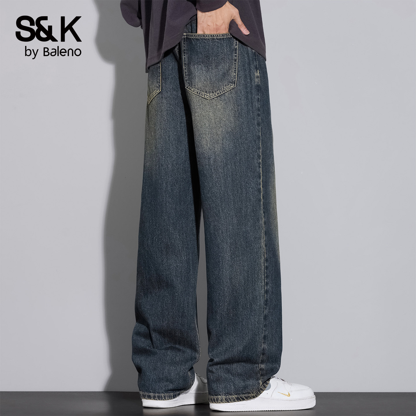 班尼路SK复古牛仔裤男春夏宽松直筒水洗潮牌百搭阔腿休闲裤子男YS