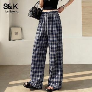 班尼路S&K藏蓝色格子裤女2026夏季新款高腰垂感小个子休闲阔腿裤H