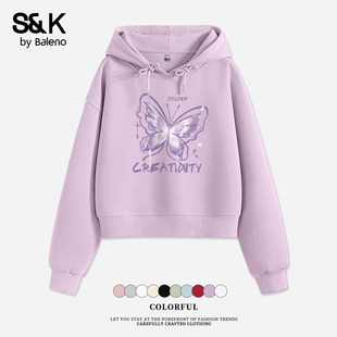 班尼路S&K系列紫色短款连帽卫衣女款2026春秋新款减龄显洋气外套H