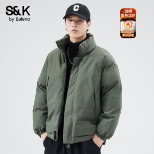 班尼路SK加厚立领棉服男士 宽松休闲防风保暖外套军绿色棉袄YS 冬季