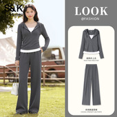 班尼路S&K系列灰色假两件休闲套装 女2026春秋新款 运动一整套穿搭H