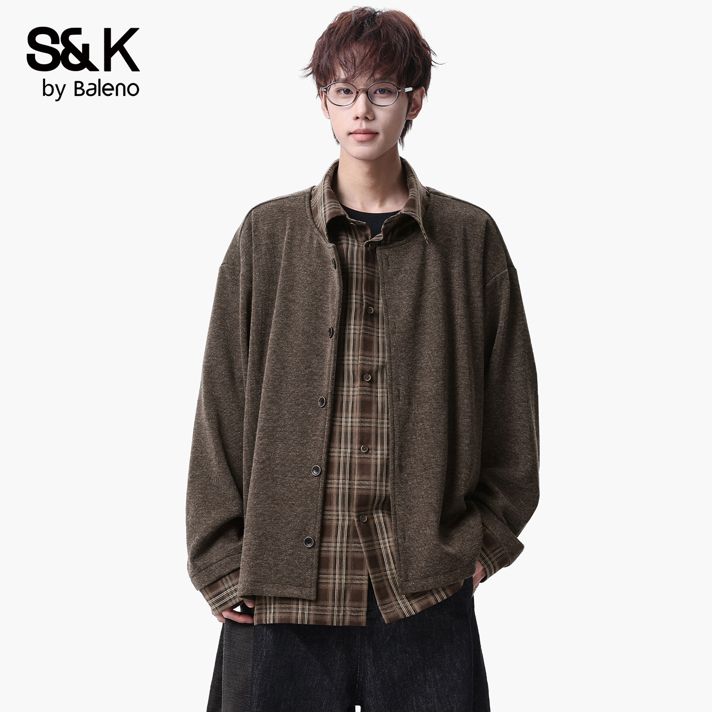 班尼路SK假两件格纹拼接针织开衫男2026新款慵懒风加厚毛衣外套YS