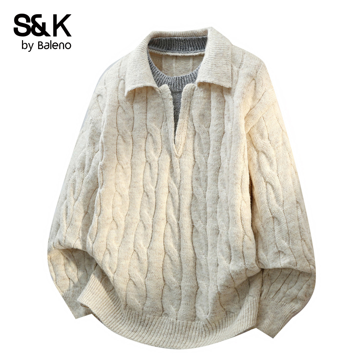 班尼路S&K系列慵懒休闲翻领麻花纹针织衫男假两件毛衣春夏上衣YS