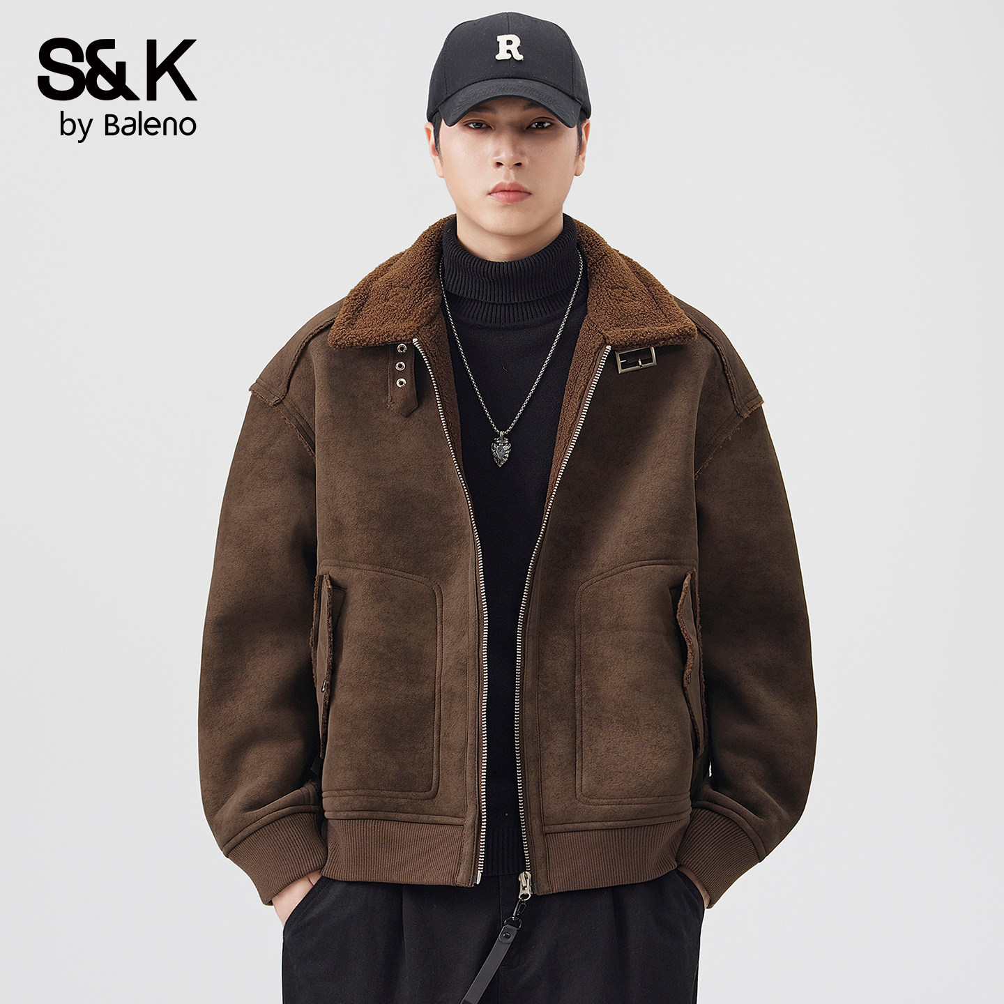 班尼路SK皮毛一体麂皮羊羔毛外套男士2026冬季休闲加绒防风夹克YS