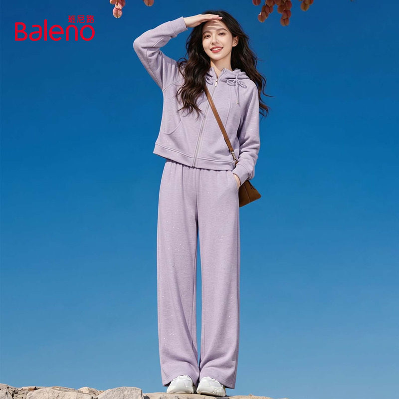 班尼路细闪连帽针织套装女2026秋新款开衫外套阔腿裤休闲两件套H