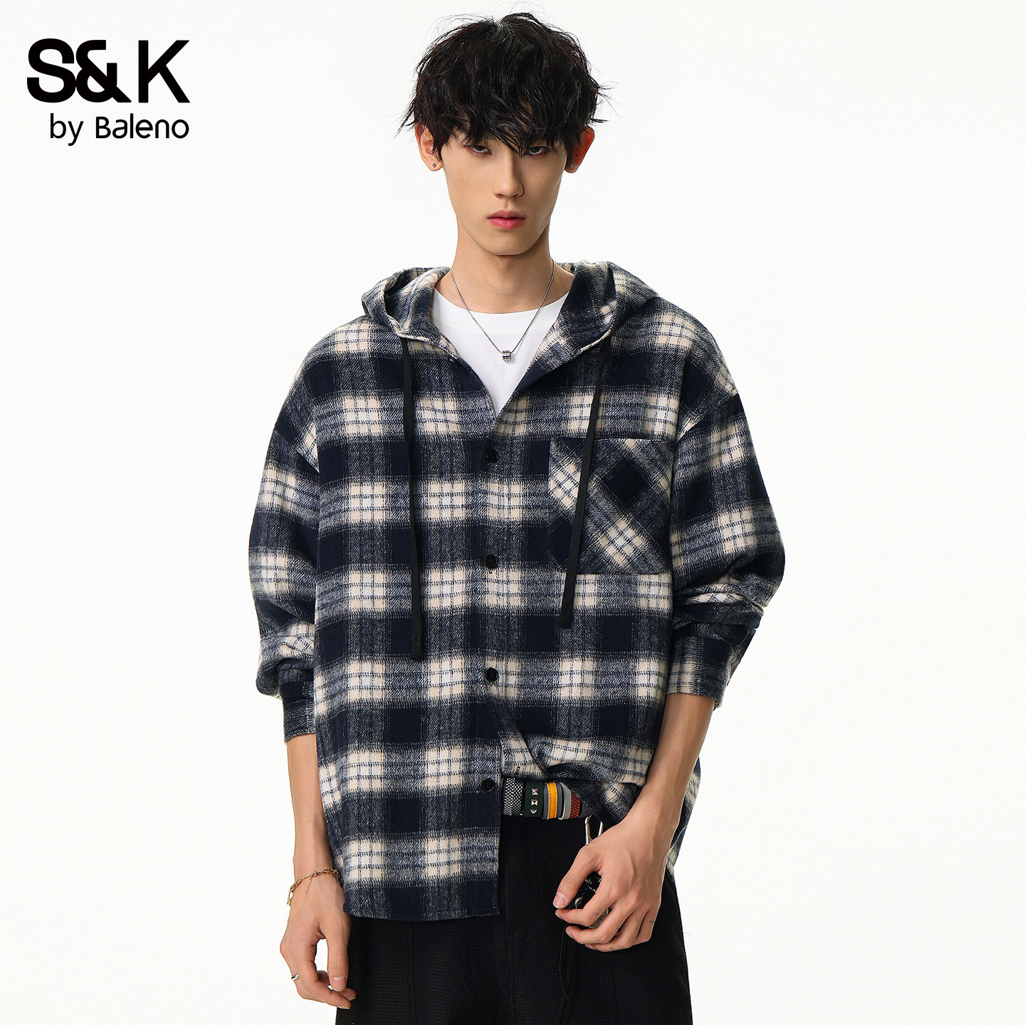 班尼路SK美式复古格子连帽衬衫男春季长袖宽松潮牌百搭衬衣外套YS,男装,衬衫,淘宝优惠券,粉丝福利购,淘宝优惠卷