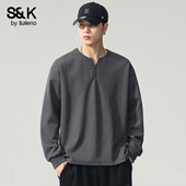 春季 班尼路SK纯色长袖 T恤男2026新款 亨利领宽松休闲内搭V领上衣YS