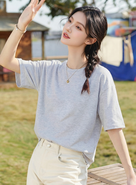 班尼路灰色纯棉t恤女款短袖2026夏季新款宽松大码胖mm遮肚子上衣H
