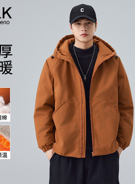 班尼路防泼水工装连帽棉服男冬季2026新款男士宽松加厚保暖外套E