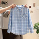 女2026春秋新款 班尼路S&K系列蓝色美式 复古格子衬衫 撞色衬衣上衣H