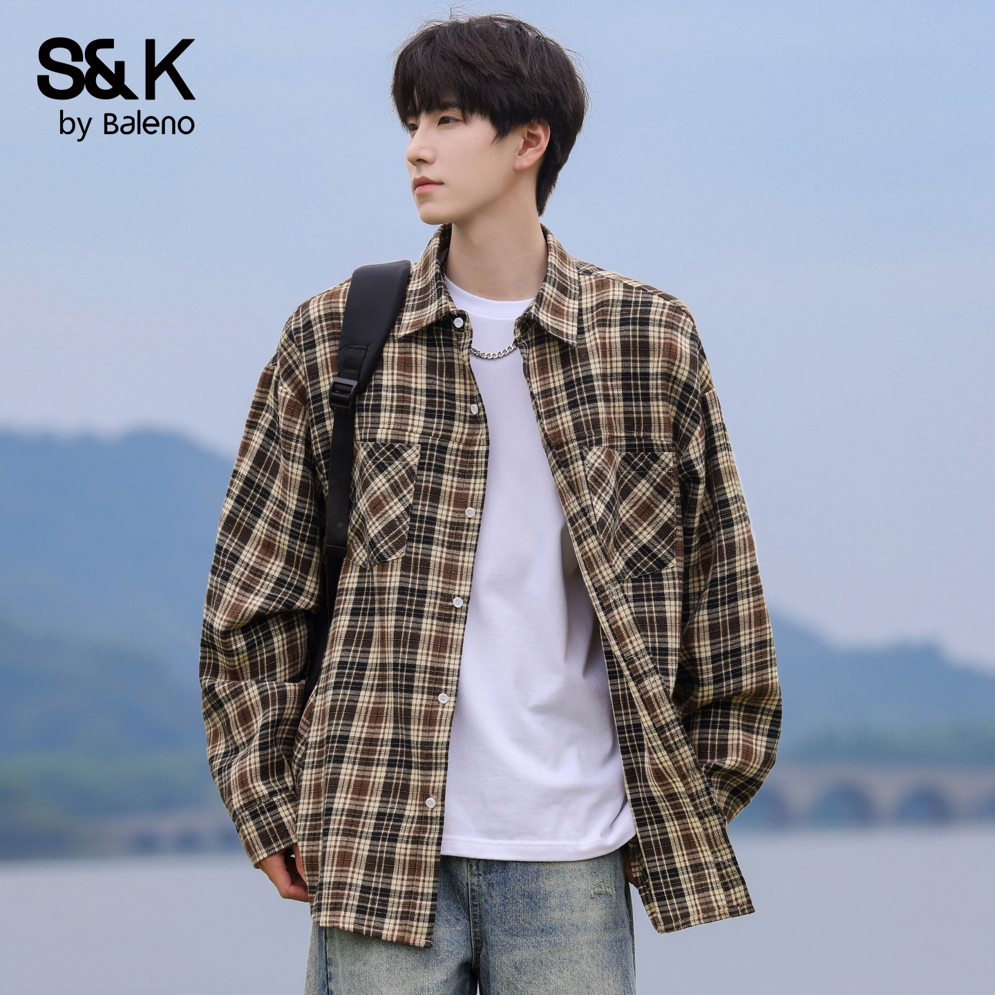 班尼路SK日系复古格子长袖衬衫男