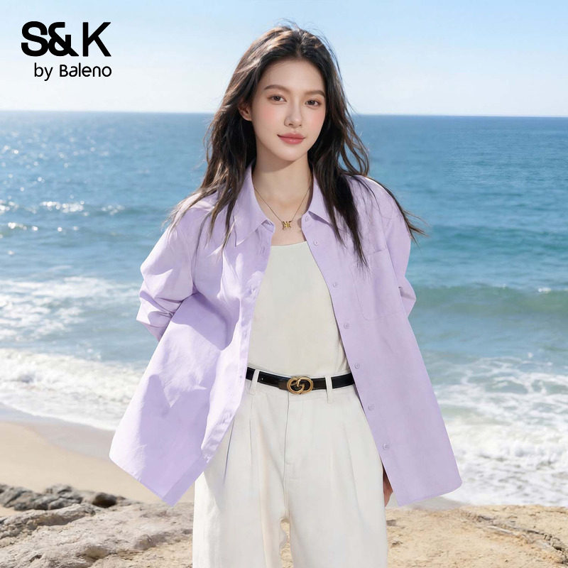 班尼路S&K紫色法式衬衫女上衣2026夏季新款宽松通勤长袖衬衣外套H