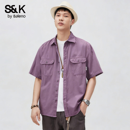 班尼路SK夏季宽松纯棉短袖衬衫男