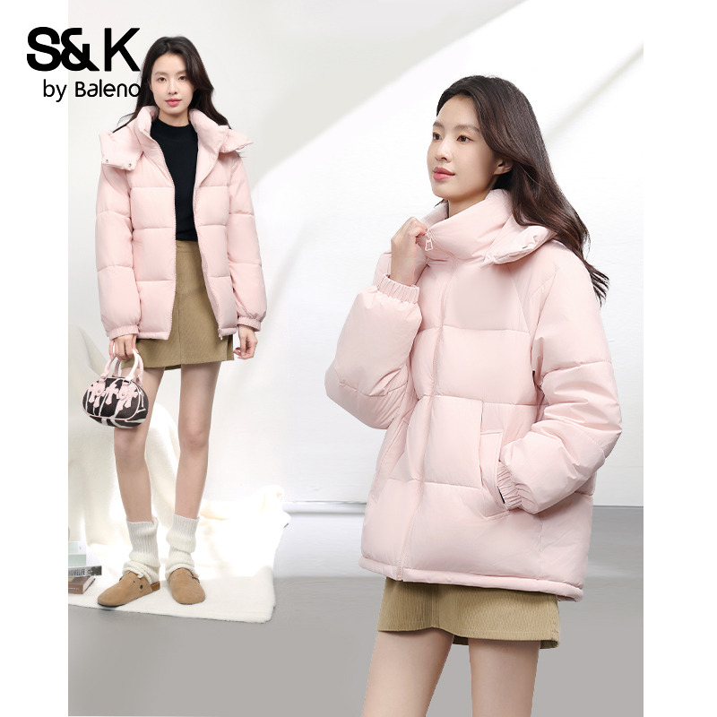 班尼路S&K系列粉色连帽棉衣女2025冬季新款棉袄夹棉外套加厚棉服H