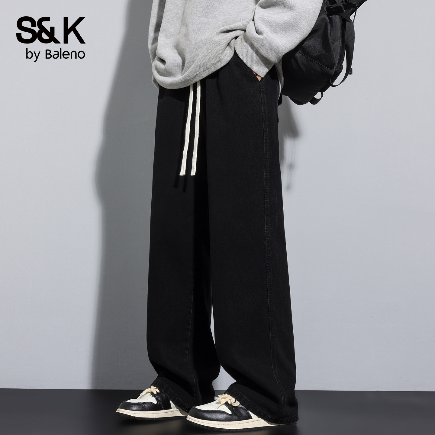 班尼路SK美式高街宽松直筒牛仔裤男秋季抽绳垂感休闲潮牌长裤男YS