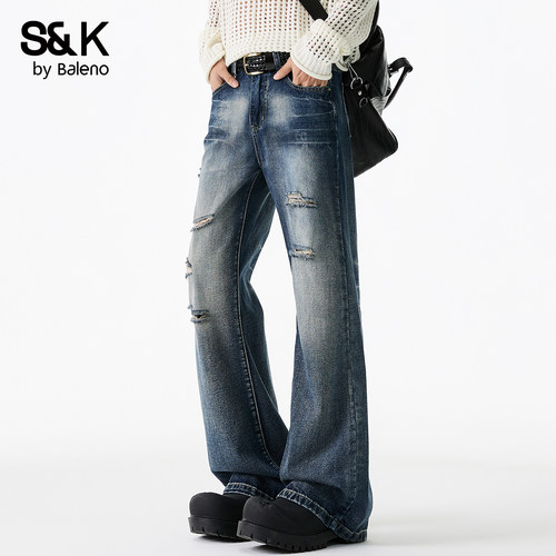 班尼路SK复古水洗破洞牛仔裤男秋