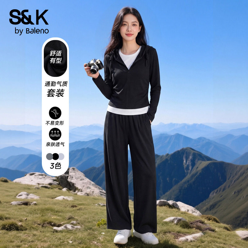 班尼路S&K黑色假两件休闲套装女秋新款连帽收腰外套阔腿裤两件装Q图片