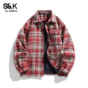 班尼路SK美式 复古格子外套男春夏翻领毛夹克潮牌小香风学生痞帅YS