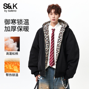 班尼路美式 复古豹纹拼接棉衣男加厚连帽夹克宽松保暖棉服外套E