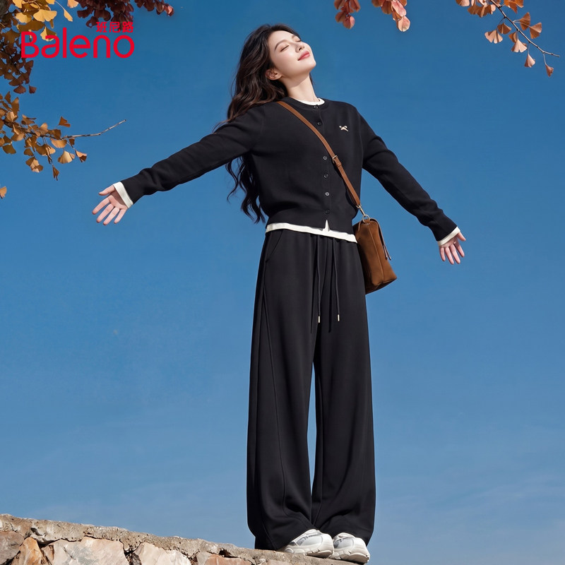 班尼路黑色针织保暖套装女2026秋季短款毛衫拼接长裤显瘦两件套M