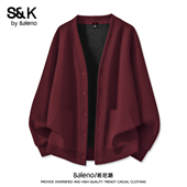 加绒保暖纽扣夹克高级V领男士 班尼路SK酒红色开衫 外套男冬季 上衣A