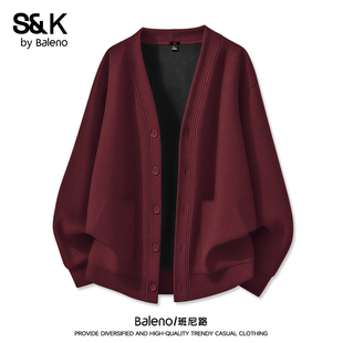 上衣A 加绒保暖纽扣夹克高级V领男士 班尼路SK酒红色开衫 外套男冬季