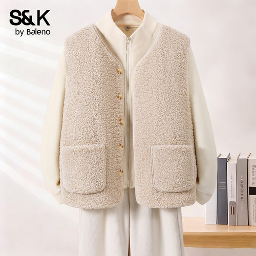 卡其色两面穿羊羔绒马甲女款