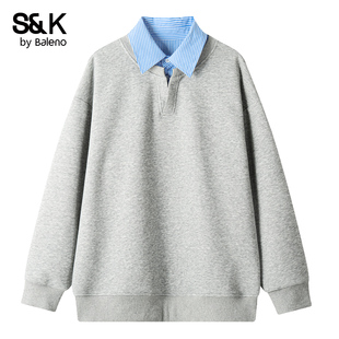 男MS 百搭条纹外套衬衫 班尼路SK秋冬新款 假两件翻领卫衣男青年时尚