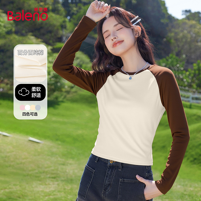 班尼路撞色短款长袖t恤女2025秋
