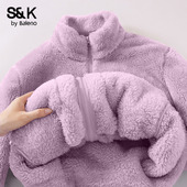 班尼路S&K系列紫色摇粒绒外套女2025秋冬新款 加绒立领开衫 上衣Q