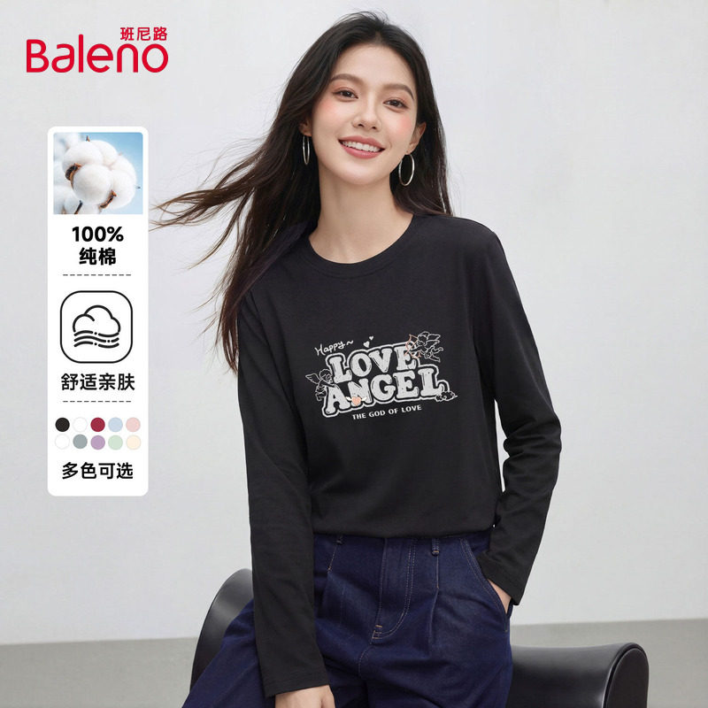 班尼路黑色纯棉长袖T恤女2026春夏新款简约字母印花宽松休闲上衣Q,女装/女士精品,T恤,淘宝优惠券,粉丝福利购,淘宝优惠卷
