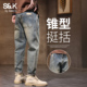 男宽松直筒耐磨百搭休闲长裤 班尼路SK秋冬季 加绒复古水洗牛仔裤