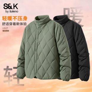 复古绿色轻薄保暖棉袄A 菱形格立领棉衣美式 班尼路S&K棉服男款 冬季