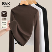 班尼路S&K系列木耳边内搭打底衫 t恤H 上衣长袖 女秋冬季 半高领修身