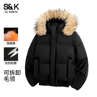 潮牌加厚保暖派克服棉服男款 美式 冬季 班尼路可拆卸毛领棉衣男士