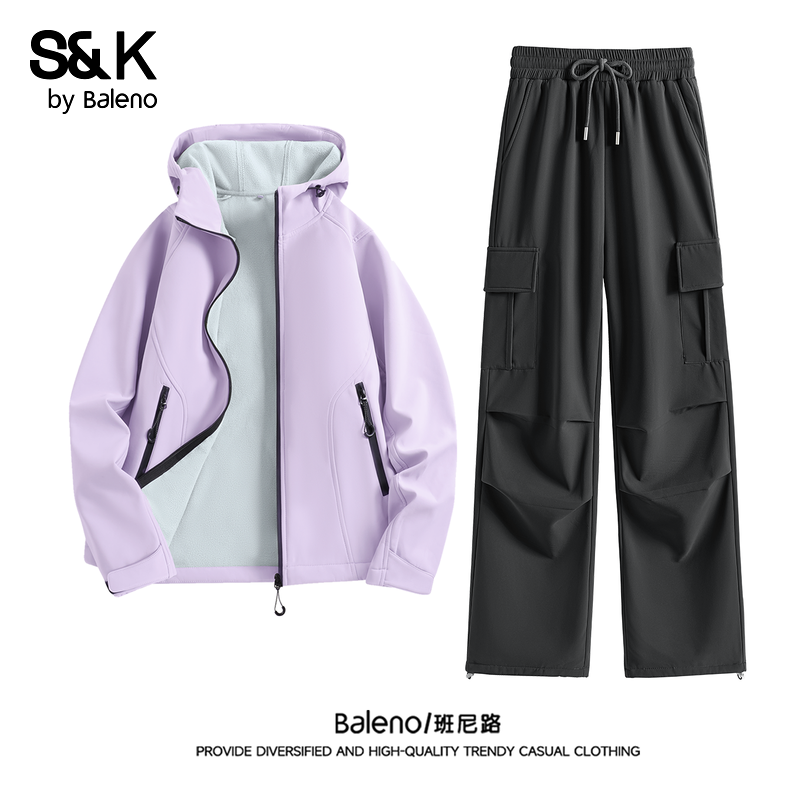 班尼路S&K系列休闲运动套装女新款秋冬三防冲锋夹克工装裤一整套Q