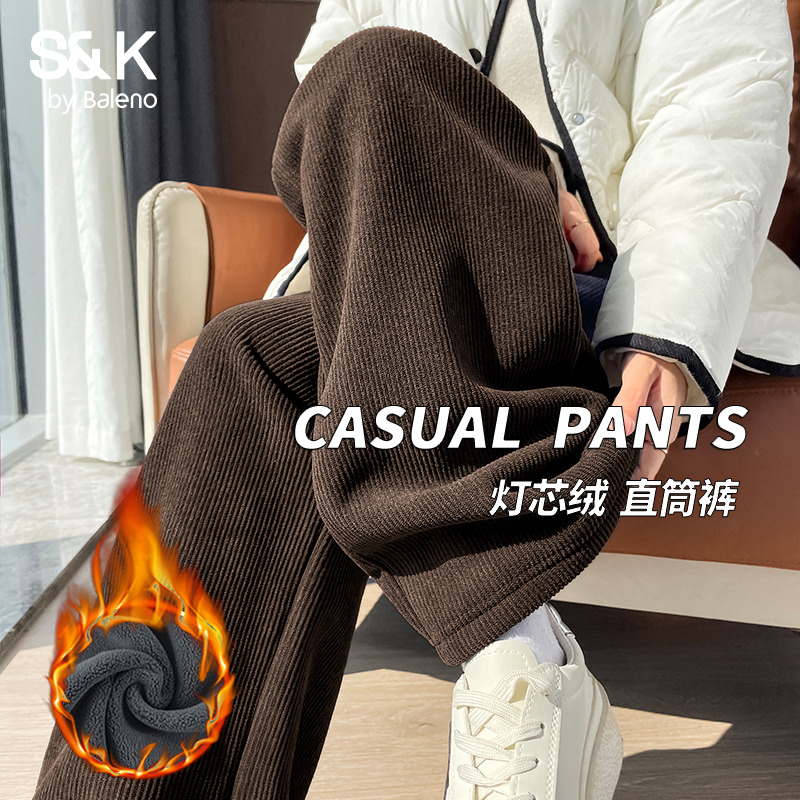 班尼路S&K系列灯芯绒直筒裤女2025冬季高腰显瘦垂感休闲卫裤女Q