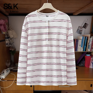班尼路S&K系列粉白拼色条纹罩衫女款2026春秋新款透气亨利领上衣H