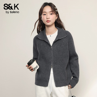 针织上衣H 拉链开衫 班尼路S&K系列灰色立领毛衣外套女2025冬季 新款