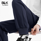 子男藏青色重磅棉感束脚裤 卫裤 秋季 班尼路S&K裤 运动裤 男士 加绒裤