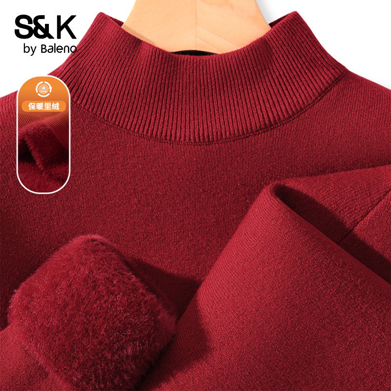 班尼路S&K系列红色半高领一体绒毛衫女秋冬新款修身显瘦内搭上衣N